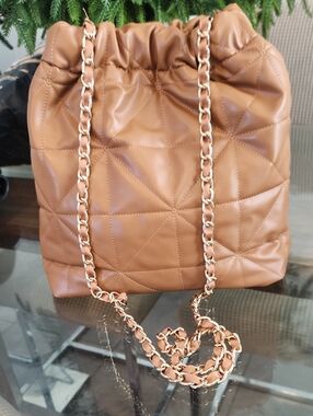 a new day Quilted Drawstring Shoulder Bag in Camel Brown with Gold Chain